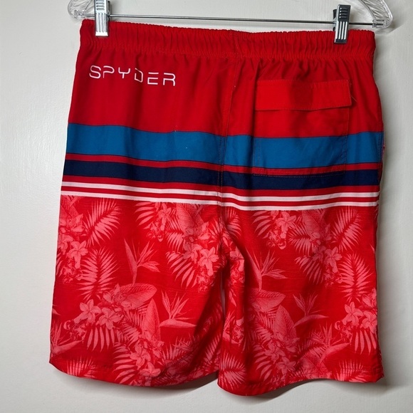 Spyder Boys Red Blue Striped Tropical Floral Drawstring Swim Shorts Size XL - Picture 7 of 15